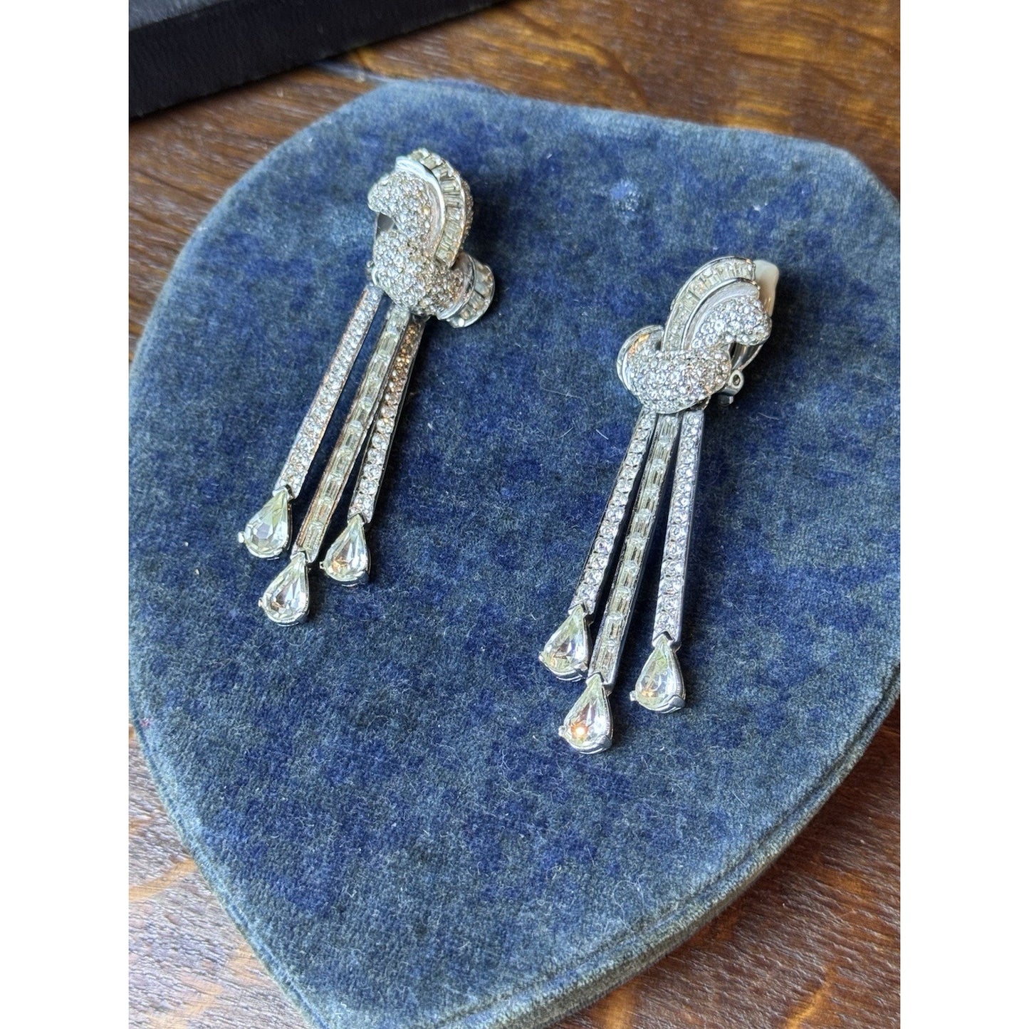 Vintage Ciner Rhinestone Dangle Clip Earrings 3” Baguette Pave