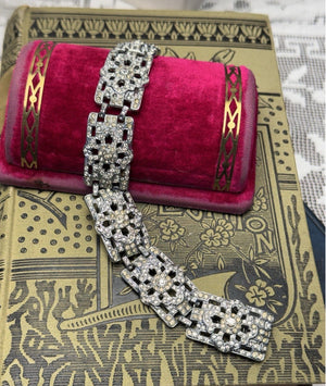 Art Deco Bracelet Clear Rhinestone Statement Vintage Jewelry 7.25”