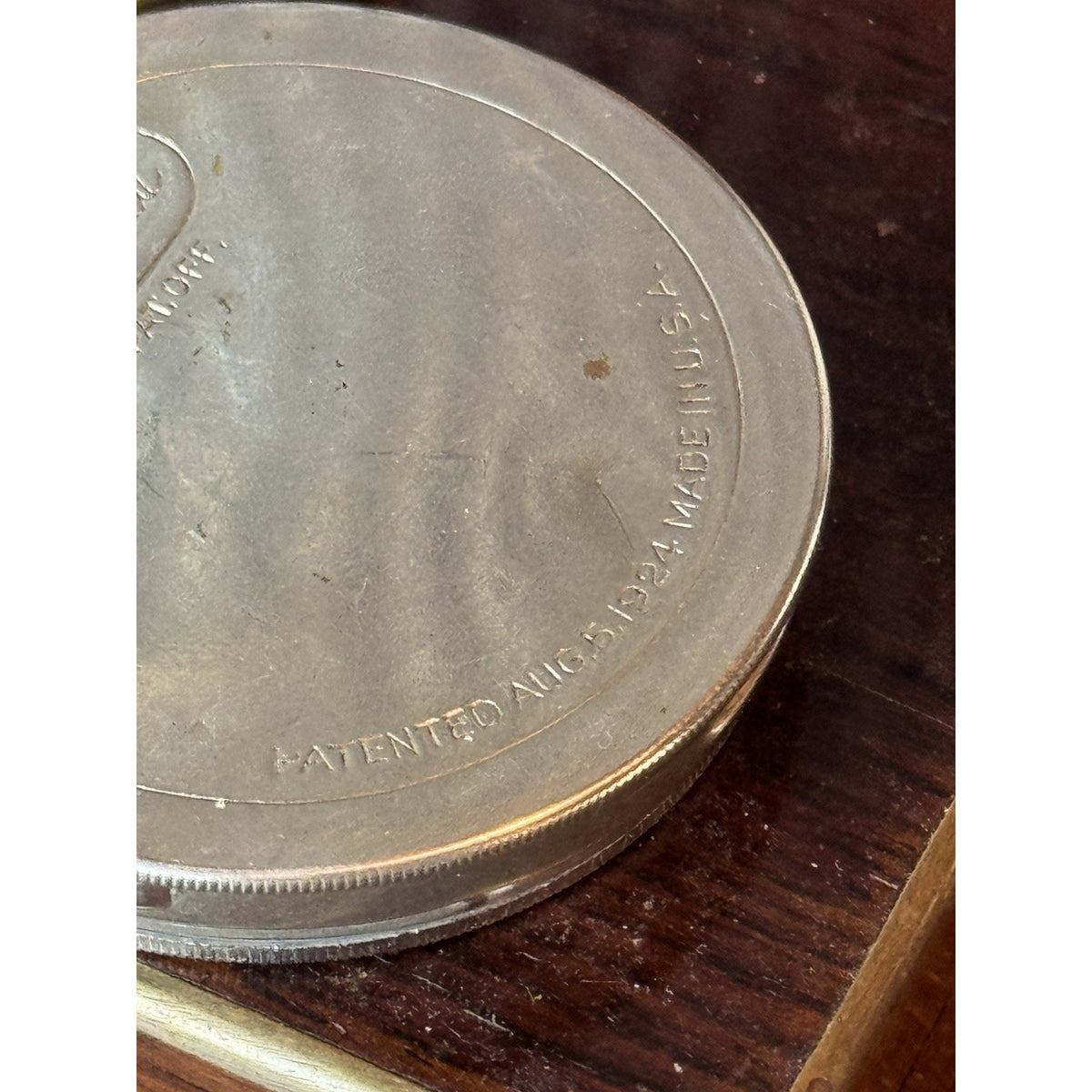 Antique Compact Norida 1924 Silvertone Powder Mirror Sifter Puff USA 2” EMPTY