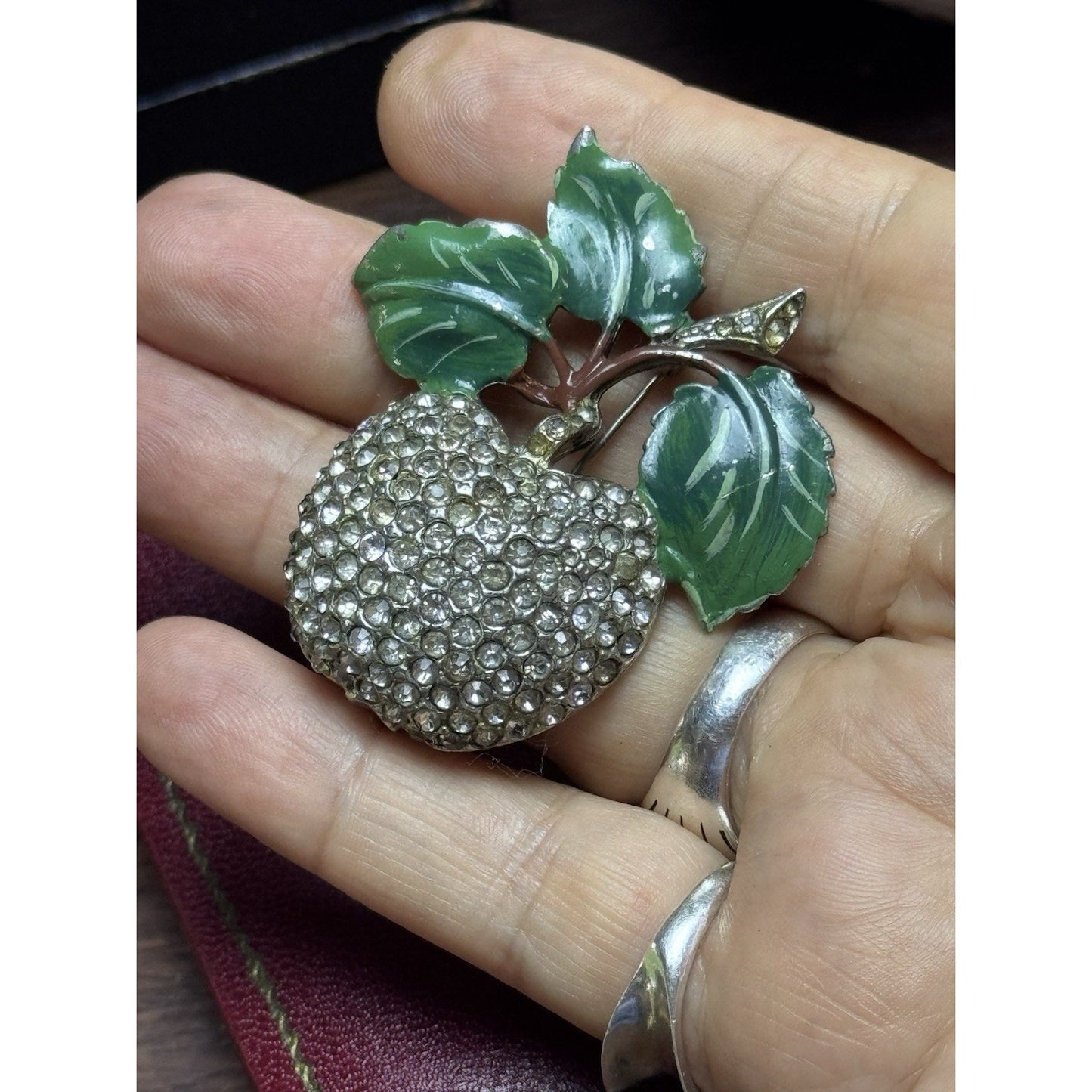 Vintage Rhinestone Apple Brooch Green Enamel Leaves Figural Fruit Pin