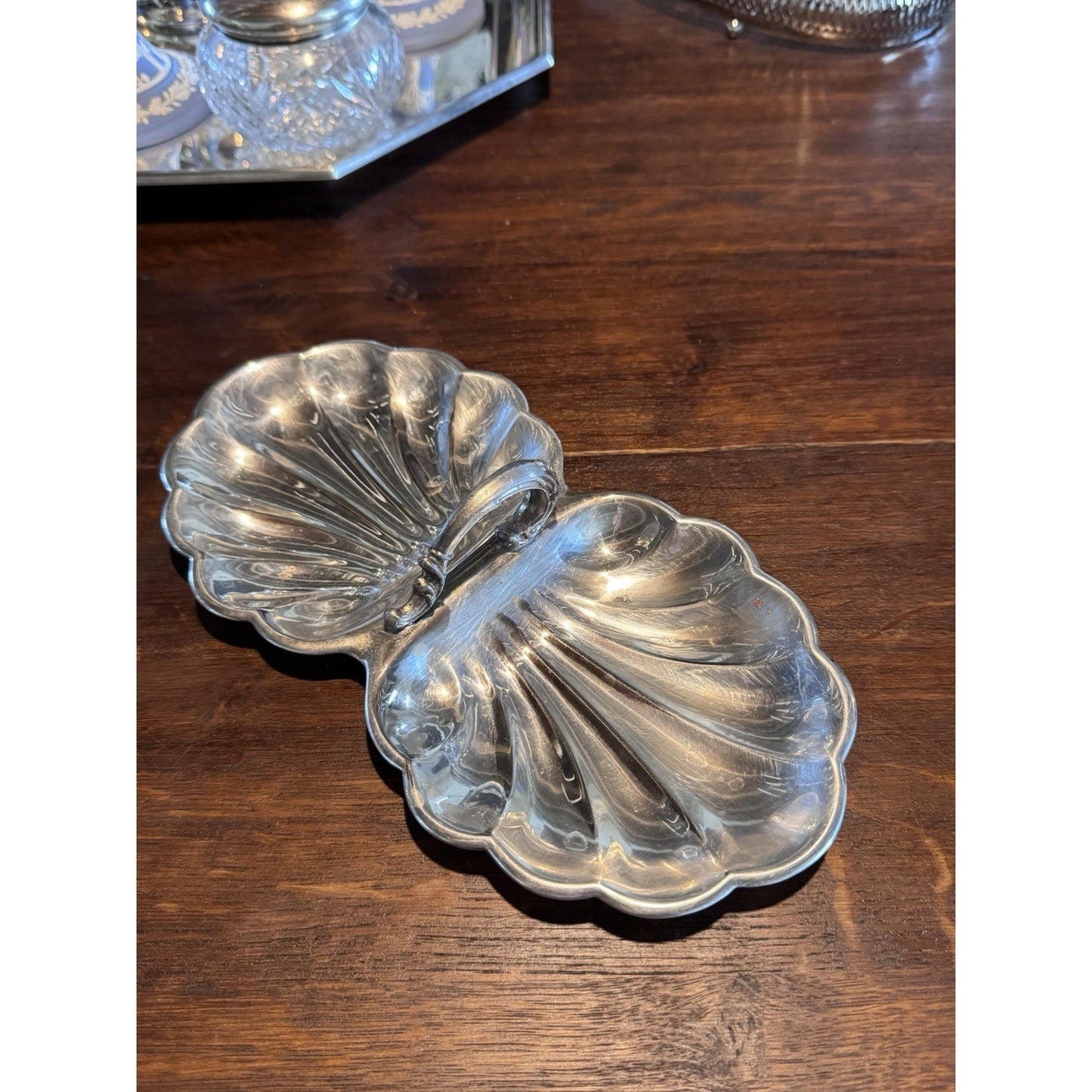 Silverplate Double Shell Dish Nut Candy Relish Bowl Serving Dish 10.75” Vintage