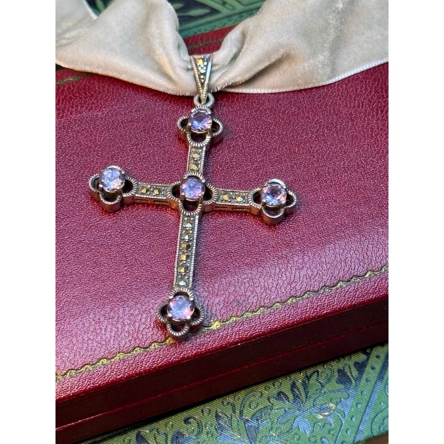 Antique Style Cross Pendant Marcasite Purple Glass Rhinestone Silver Tone 2"