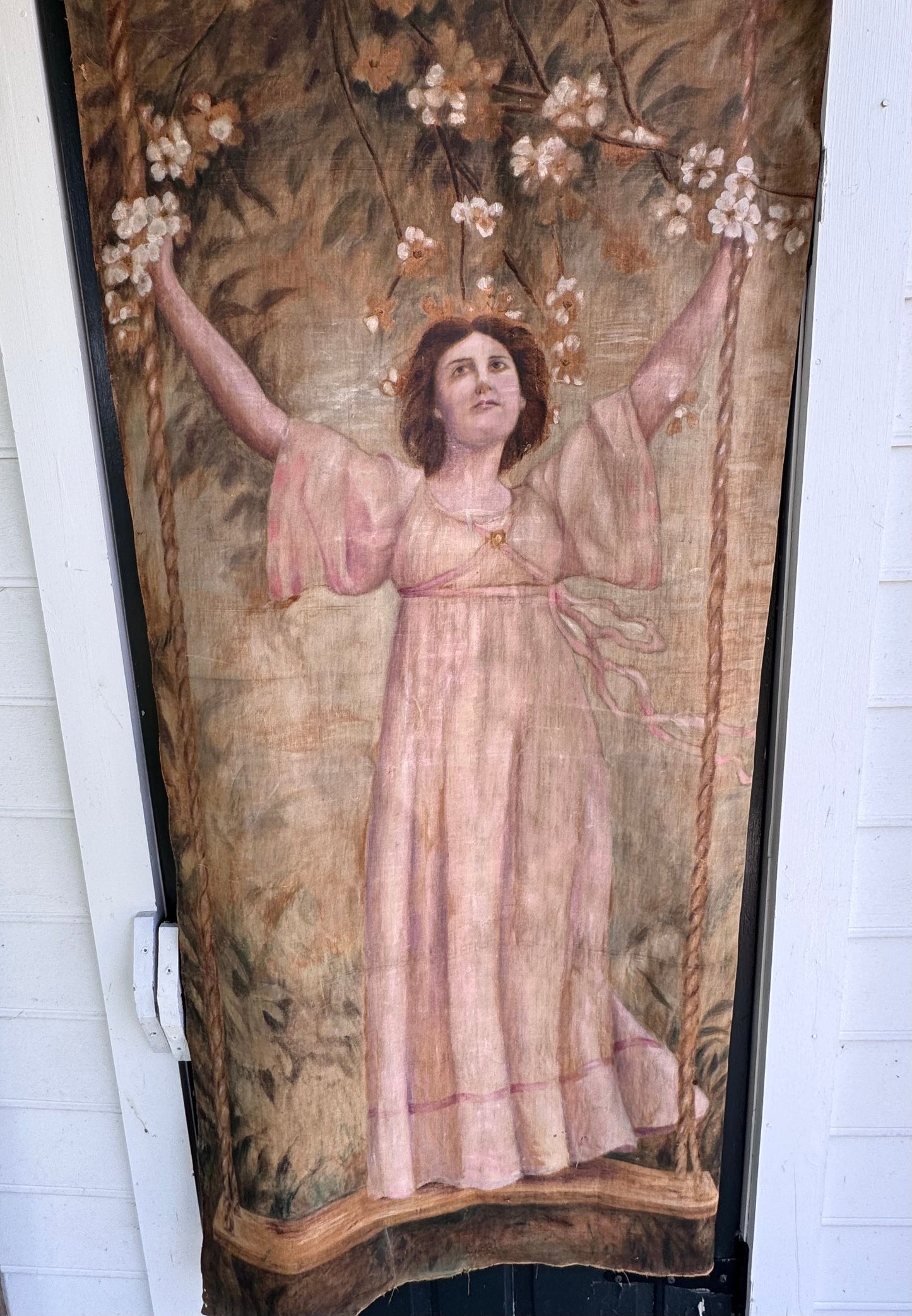 Antique Hand-Painted Textile Painting on Canvas Young Woman on Swing c. 1900