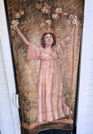 Antique Hand-Painted Textile Painting on Canvas Young Woman on Swing c. 1900