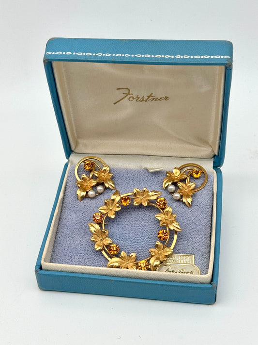 Vintage Gold Filled Brooch & Earring Set Signed FORSTNER in Original Box LEAF &