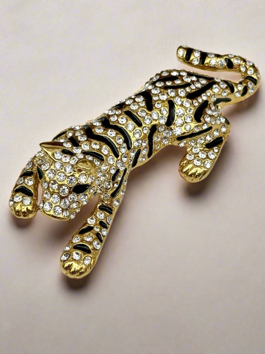 Vintage Crouching Tiger Brooch 3.5” Goldtone Rhinestone 90s BLING