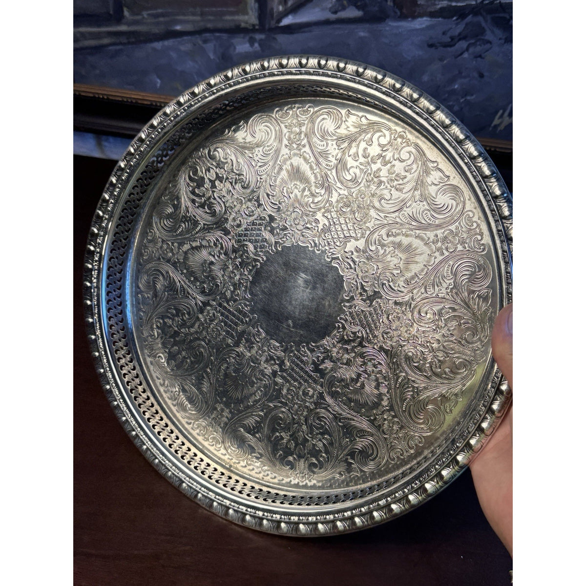 Silverplate Gallery Tray Chased Floral Shell Reticulated Edge Serving 12.5”