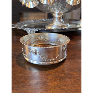 Silverplate Wine Bottle Coaster Wood Base Floral Garland Lion Head 5.5”