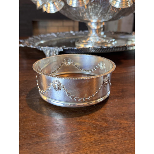 Silverplate Wine Bottle Coaster Wood Base Floral Garland Lion Head 5.5”