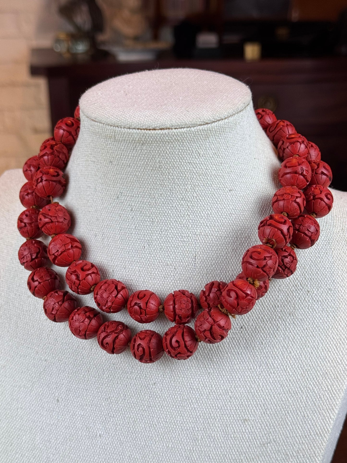 Vintage Cinnabar Necklace Carved Knotted Beads Chinese Style Long 30”