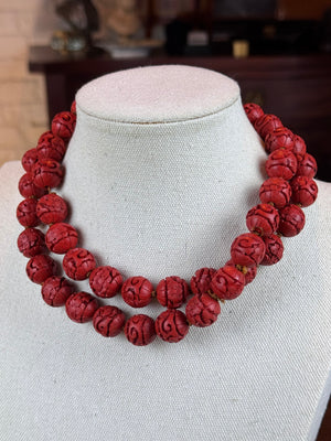 Vintage Cinnabar Necklace Carved Knotted Beads Chinese Style Long 30”