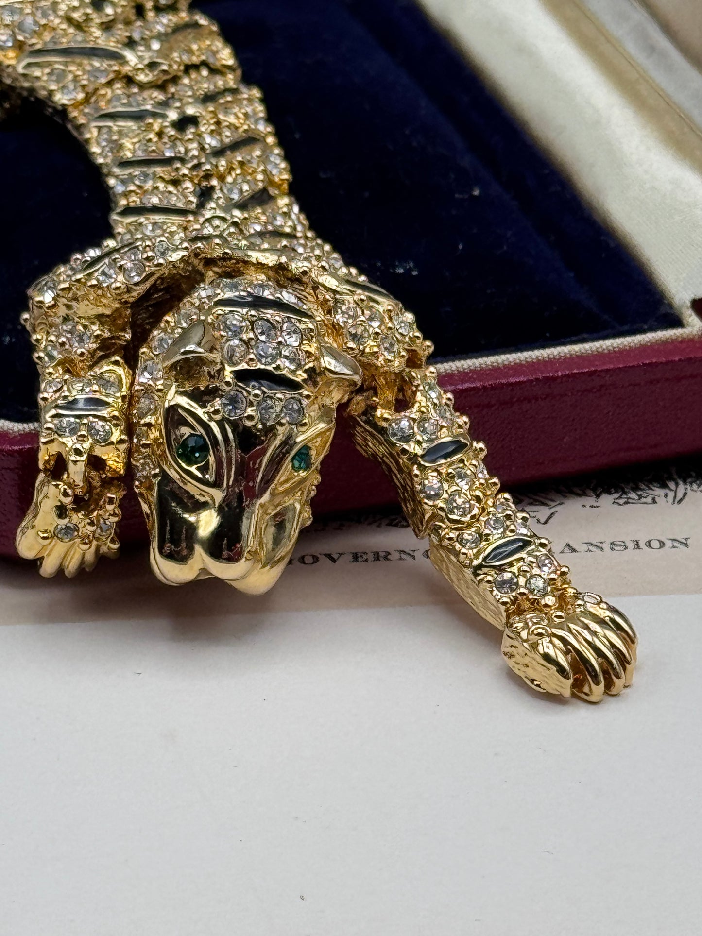 Vintage Articulated Shoulder Brooch Goldtone Tiger Leopard Rhinestone Cat 7.5”