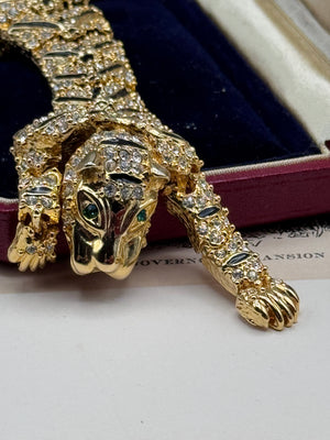 Vintage Articulated Shoulder Brooch Goldtone Tiger Leopard Rhinestone Cat 7.5”