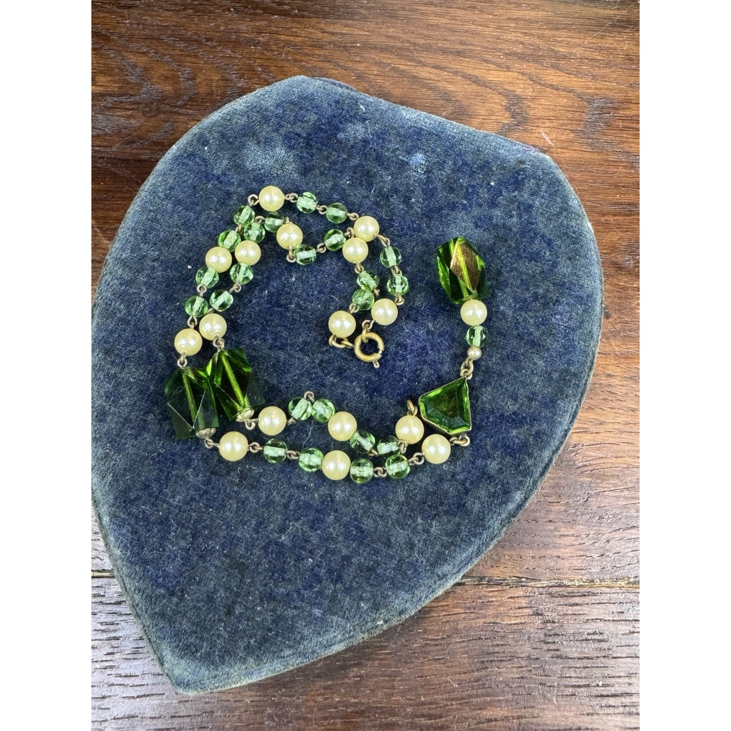 Vintage Czech Style Glass Necklace Green Crystal Faux Pearl Lavalier 17”
