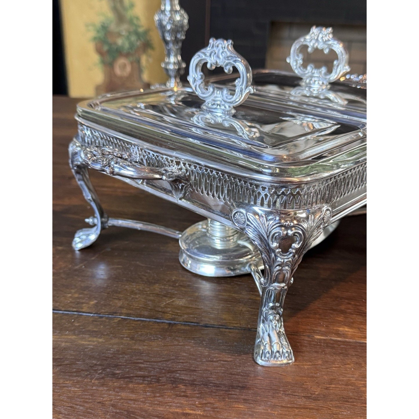 Silverplate Double Chafing Dish Warmer with Two Fire-King 1 Qt Covered Dishes