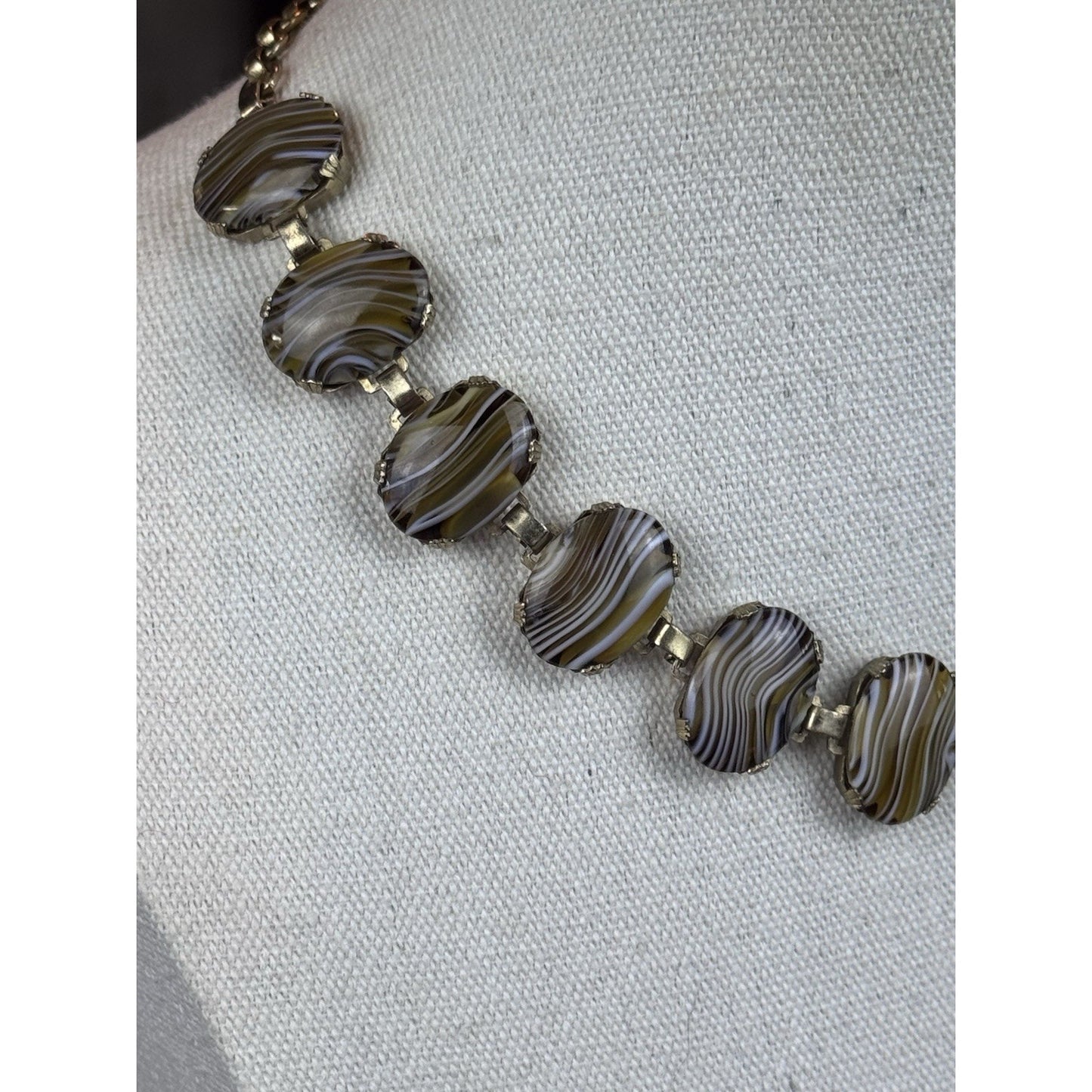 Vintage Goldtone Lucite Faux “Banded Agate” Necklace 16” Oval Panel Statement