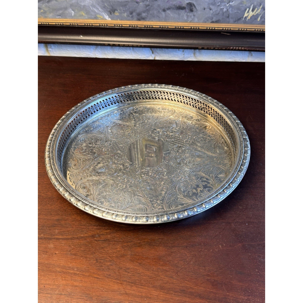 Silverplate Gallery Tray Chased Floral Shell Reticulated Edge Serving 12.5”