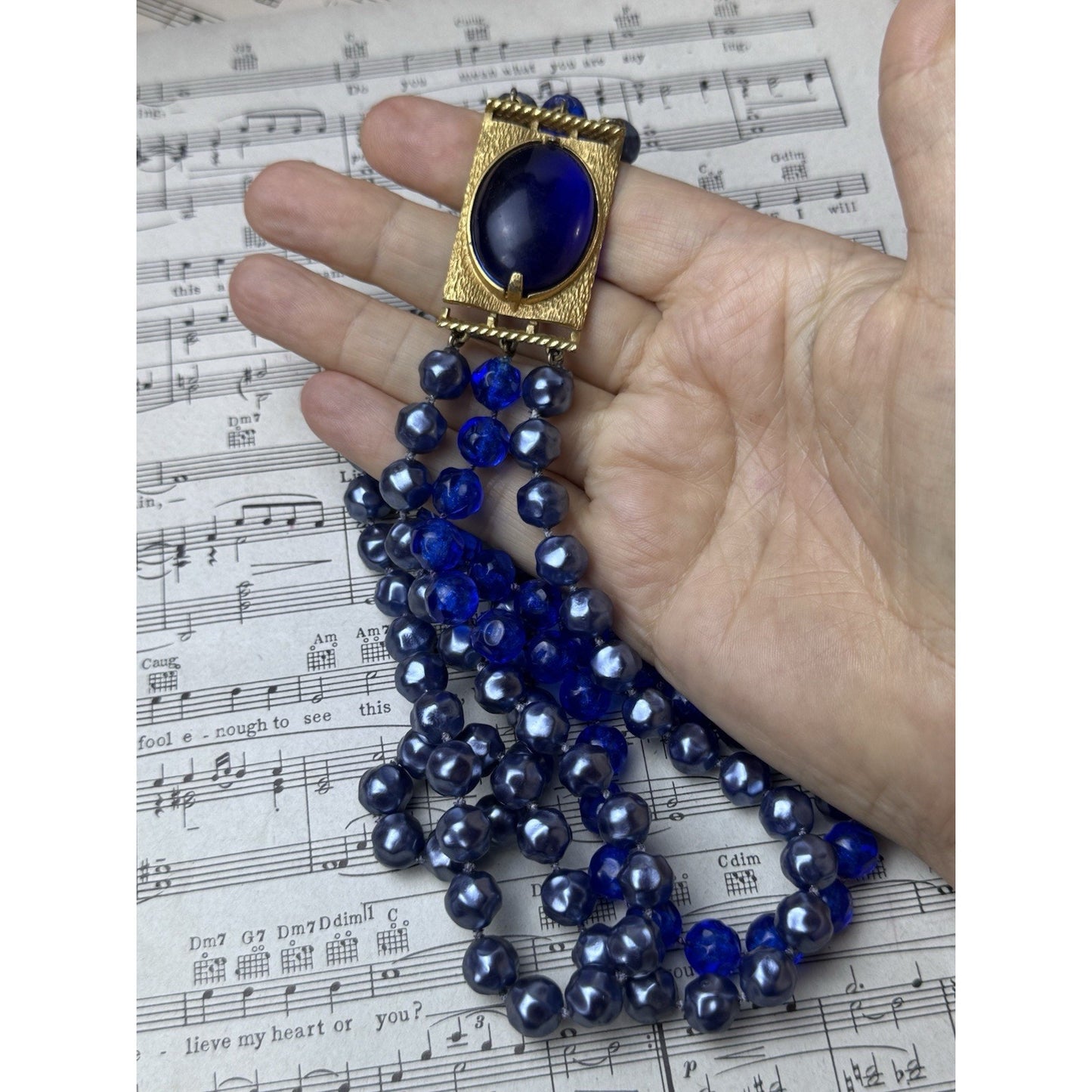 Vintage Blue Lucite Beaded Necklace Goldtone 3 Strand Statement 20”