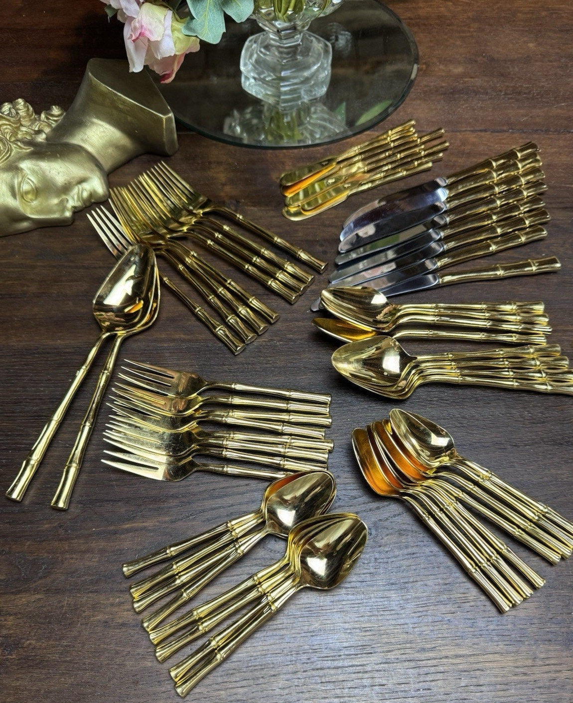Vintage Bamboo Flatware Set Signed VS Gold Plated– 58 Pieces