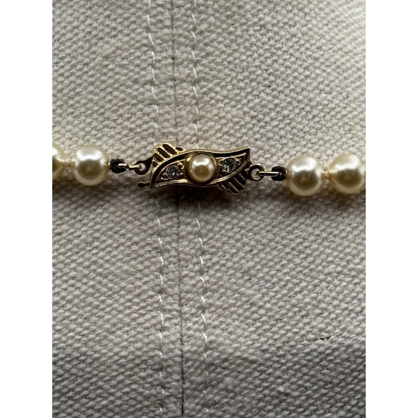 Vintage Faux Pearl Necklace Knotted 18.5” Gold Tone Rhinestone Clasp Bridal