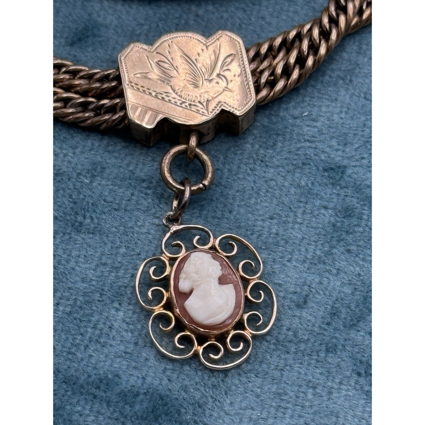 Antique Gold Filled Albert Watch Chain Cameo Fob T Bar 12” Victorian
