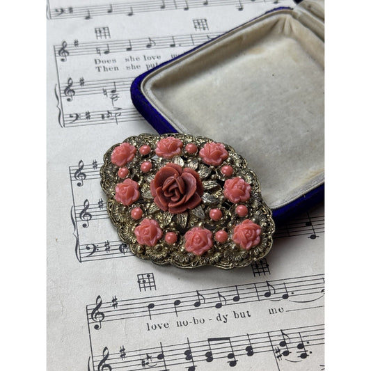 Vintage Faux Coral Rose Brooch Goldtone Filigree Floral 3” x 2.25”