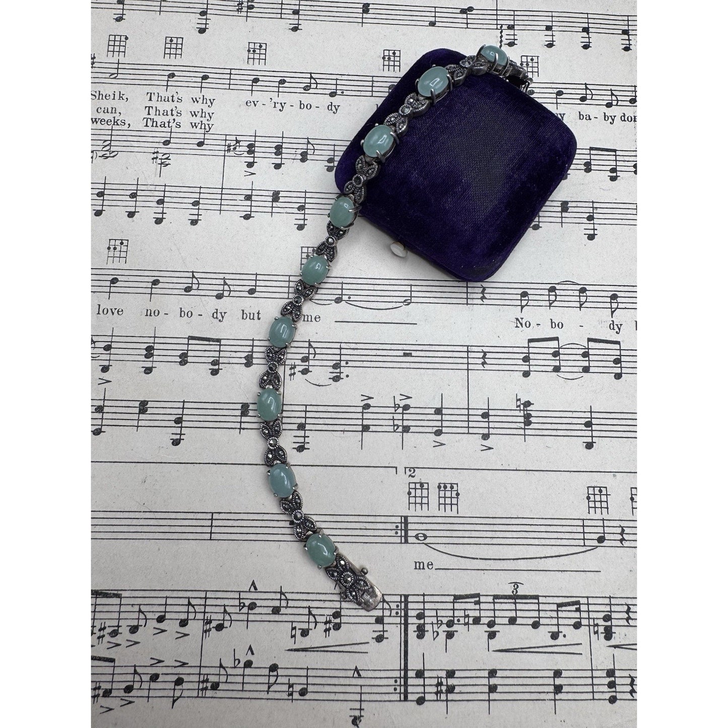 Sterling Bracelet Marcasite Green Cabochon Link 7.75” MISSING Marcasite‼️