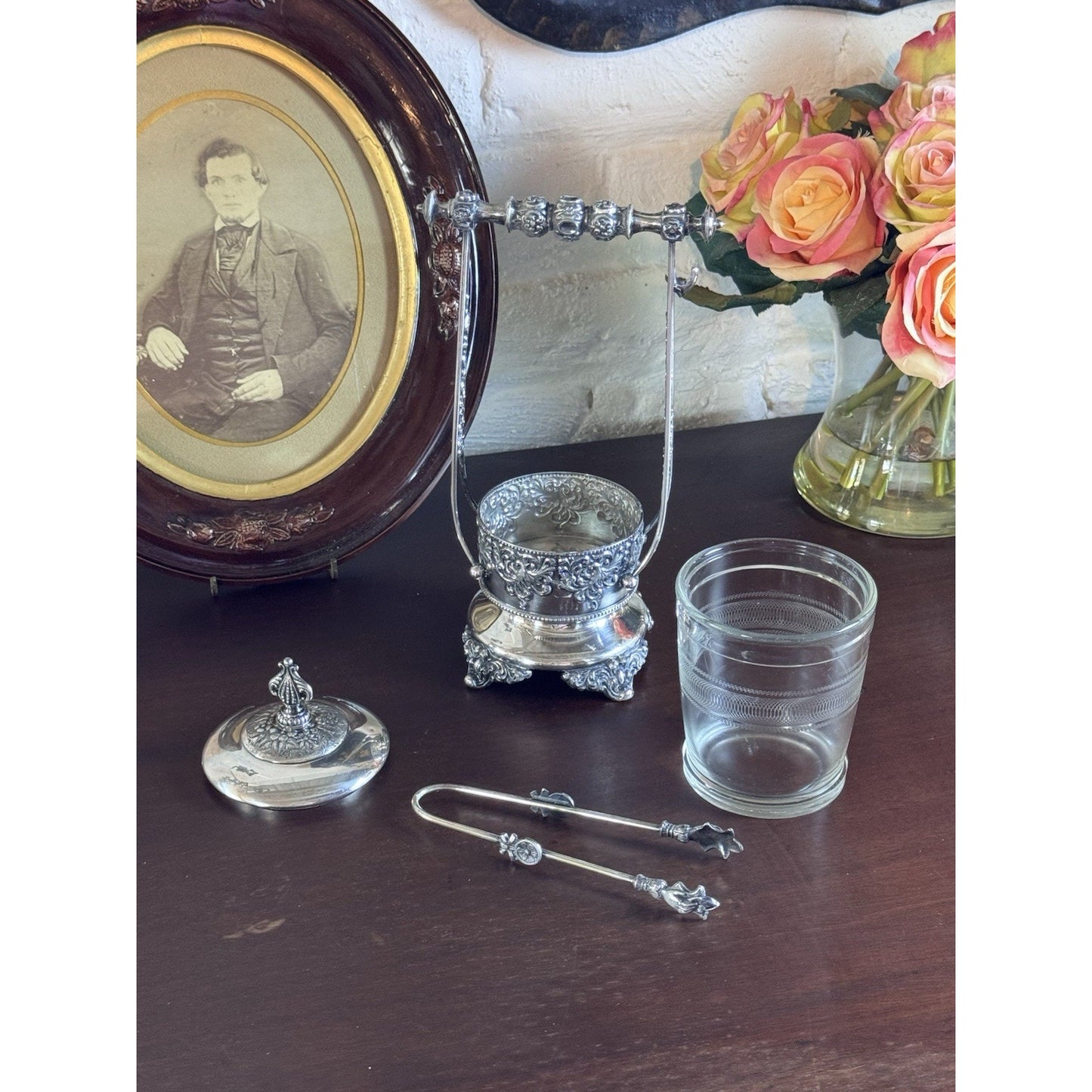Antique Pickle Castor Forbes Silver Co Quadruple Plate Glass Jar & Tongs