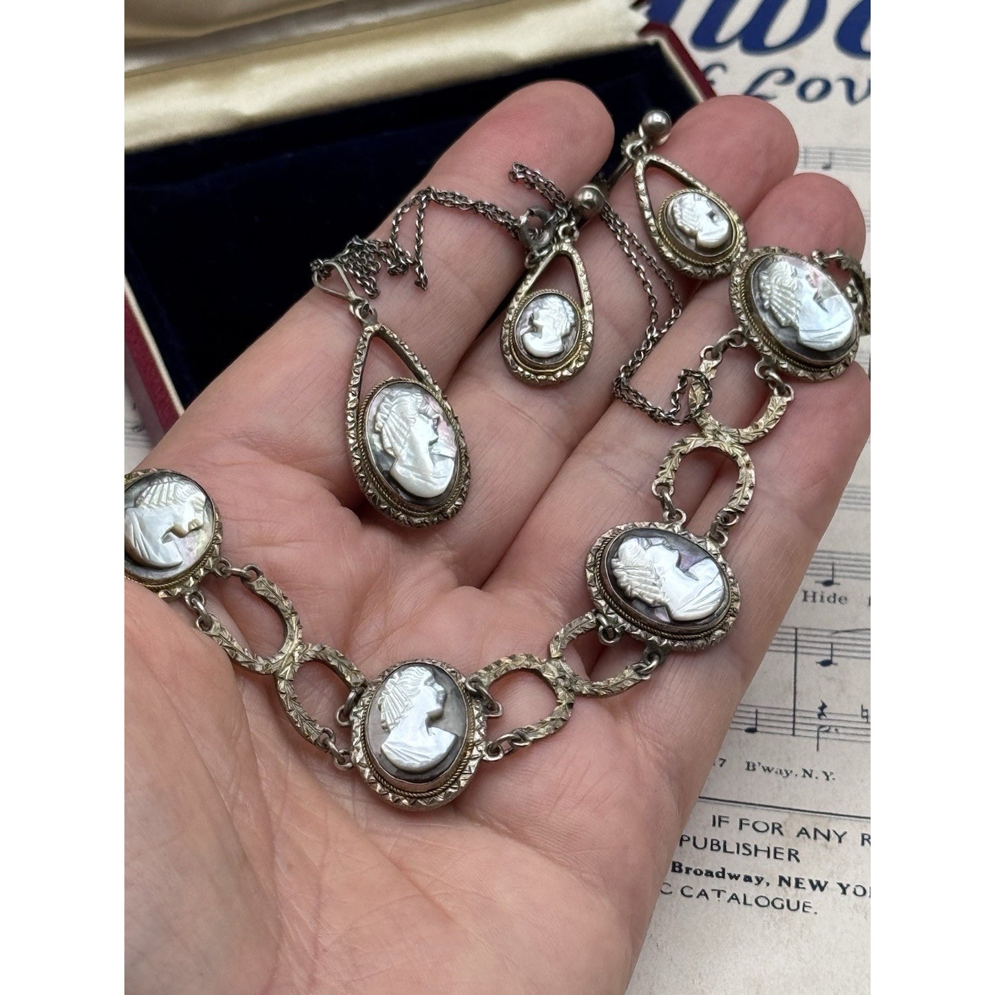 VINTAGE Cameo Parure 800 Silver Abalone MOP Bracelet Earrings Necklace