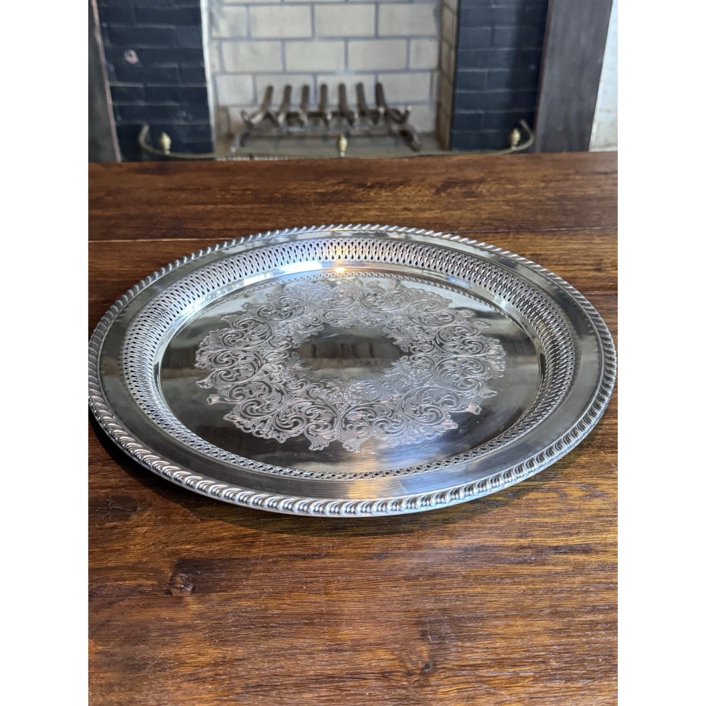 Silverplate Round Tray Reticulated 14.5” WM Rogers Engraved Serving Platter M