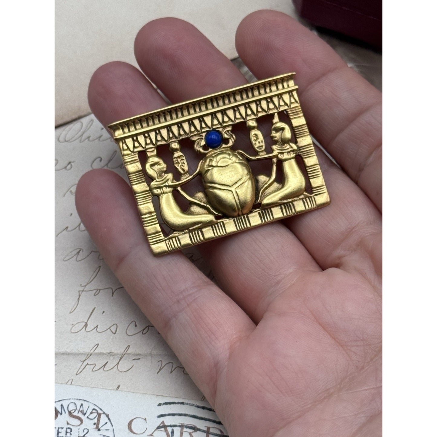 Egyptian Revival Goldtone Scarab Brooch Blue Cabochon 1.75” ESTATE FIND