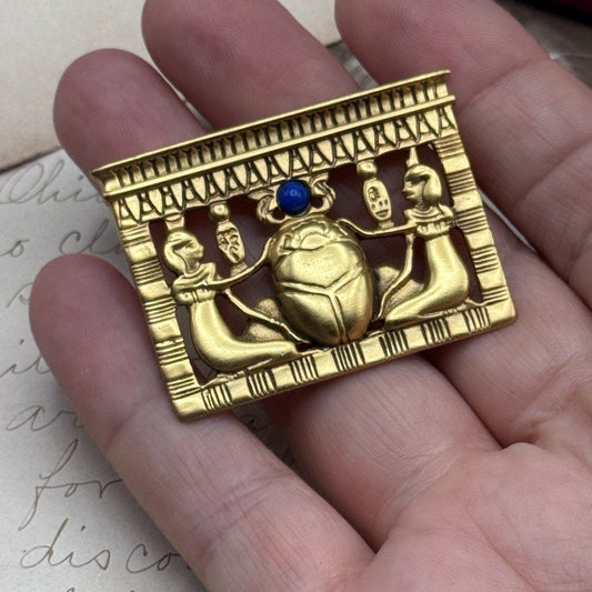 Egyptian Revival Goldtone Scarab Brooch Blue Cabochon 1.75” ESTATE FIND