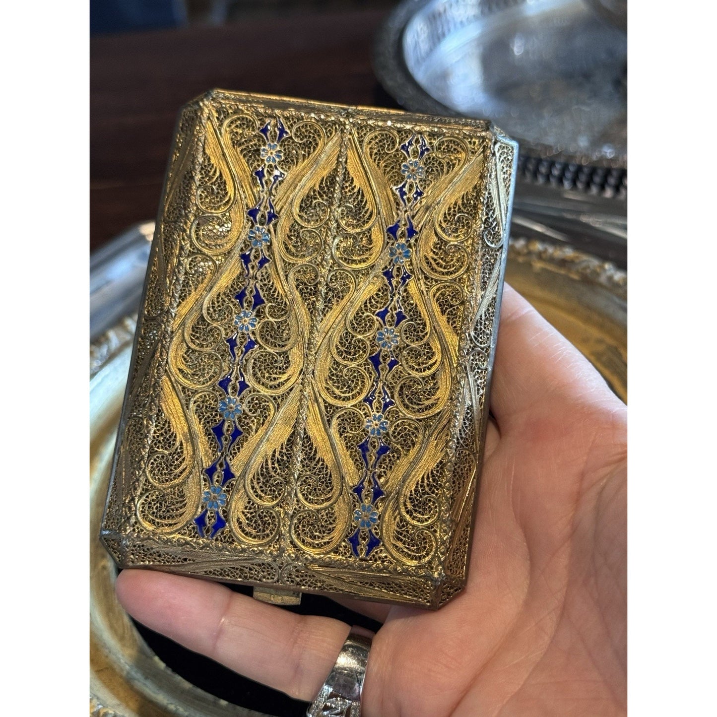Vintage Cannetille Silver  Case Blue Enamel Gilt - Business Card Holder-