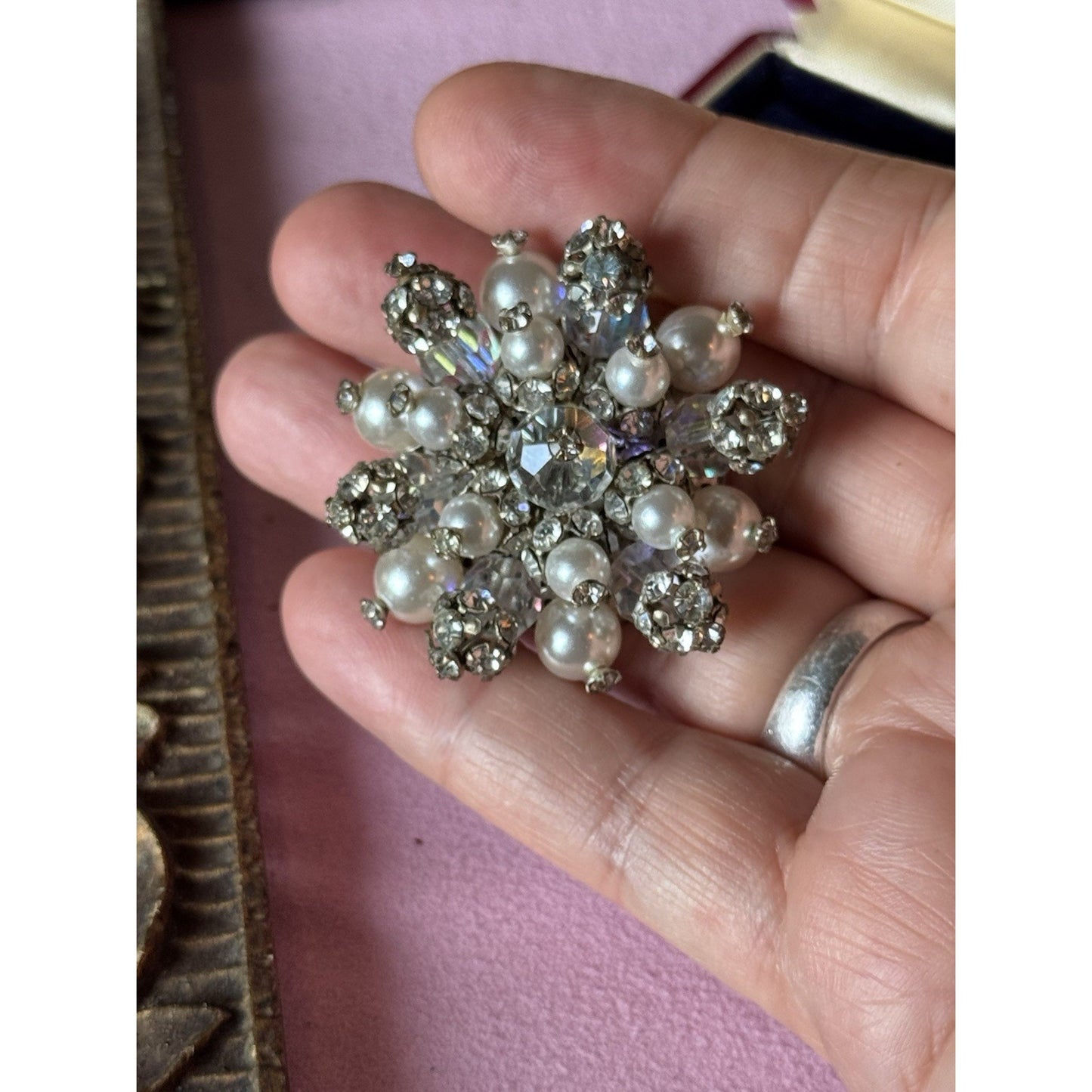Vintage Brooch Faux Pearl Rhinestone Cluster Silvertone Crystal Bead Pin