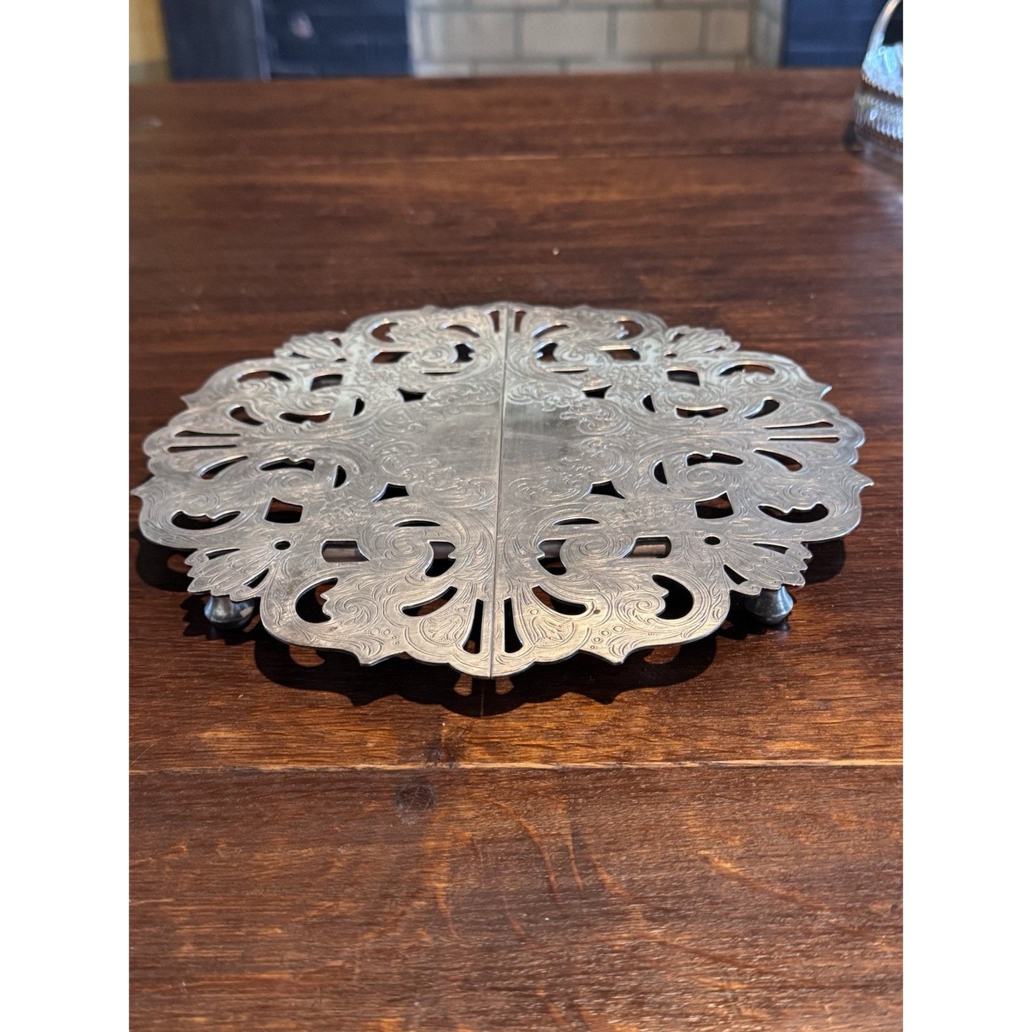 Silverplate Expandable Trivet Footed Serving Dish Stand Pierced VINTAGE