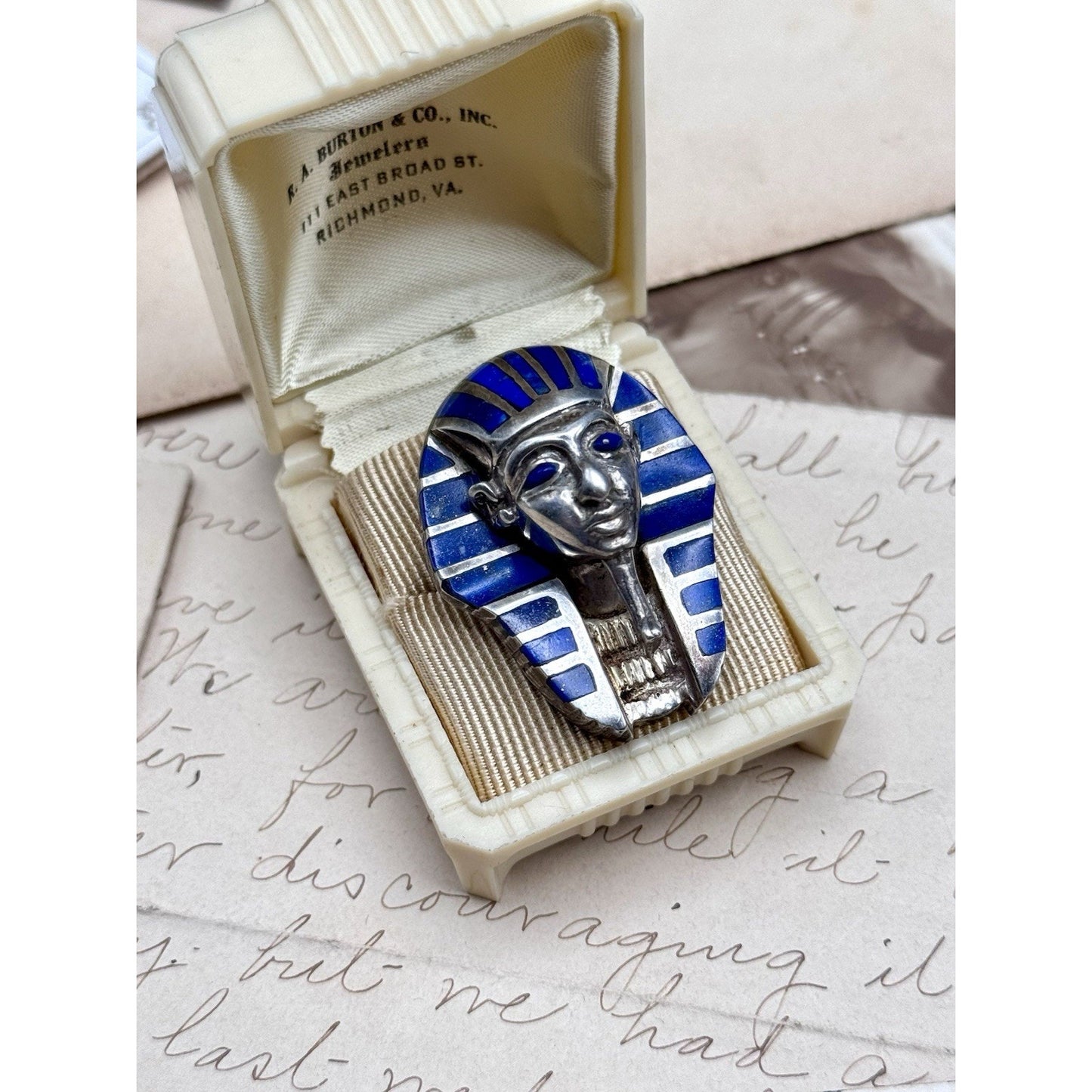 King Tut Pendant Lapis Lazuli Vintage Plata 980 Silver Egyptian Revival 1.5”