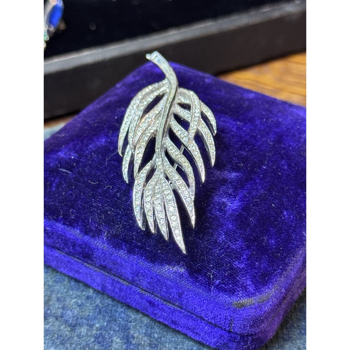 Vintage Panetta Rhinestone Feather Brooch Silver Tone Signed Designer Pin 3.5”
