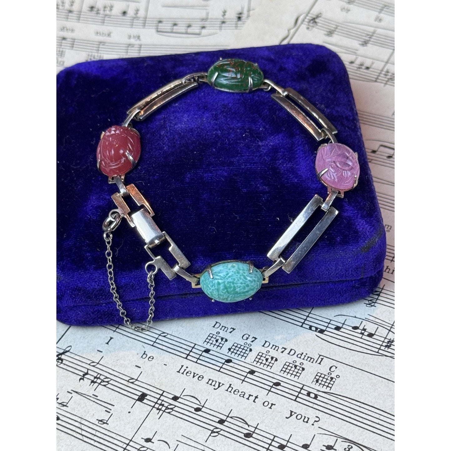 Vintage Silvertone Glass Scarab Bracelet Egyptian Revival 7.5” Pink Green Blue