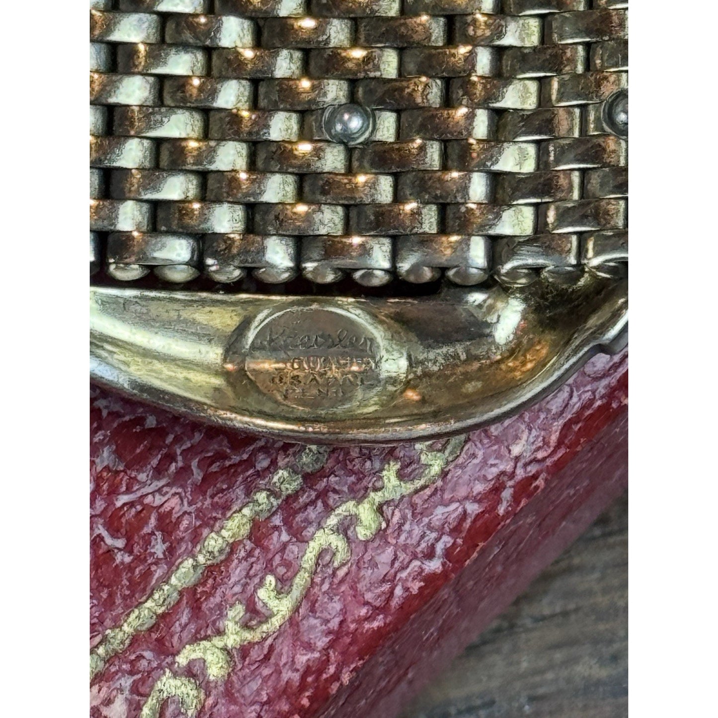 Vintage 1940s Kreisler Mesh Buckle Bracelet Red Glass Rhinestones Goldtone 7”