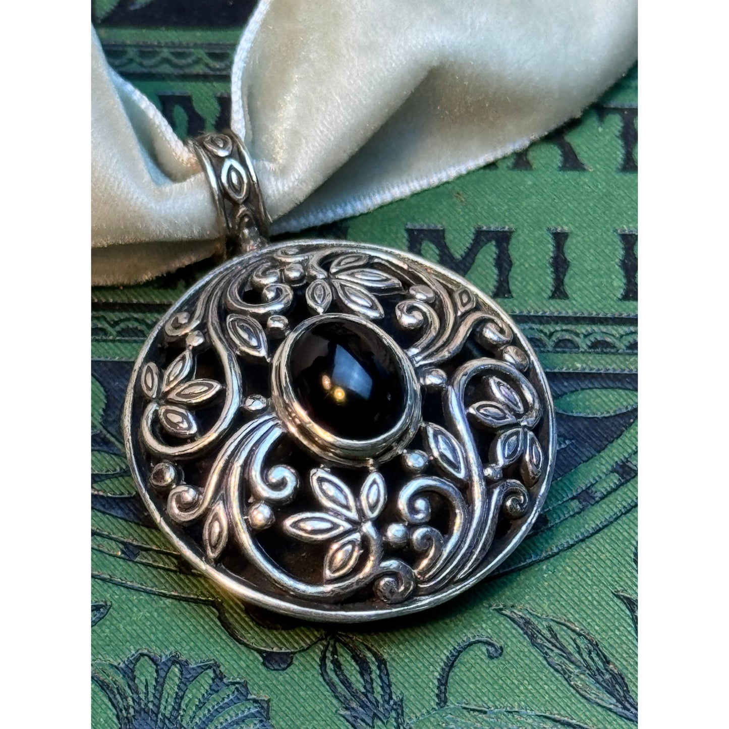 Sterling Silver Onyx Pendant Round Scrollwork Velvet Ribbon