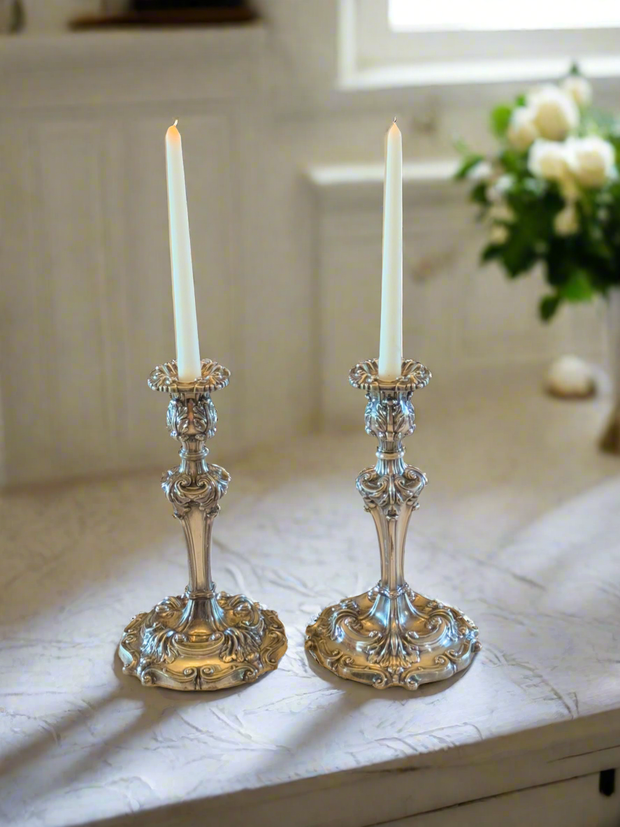 Antique Pair Candle Sticks Silverplate Reed & Barton Rococo Style Ca. 11”