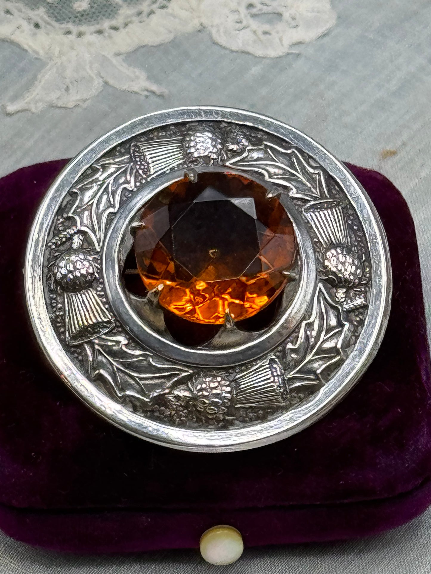 Scottish Thistle Brooch Silver Tested Amber Glass Faceted Stone 1.75” Signed Made Britain