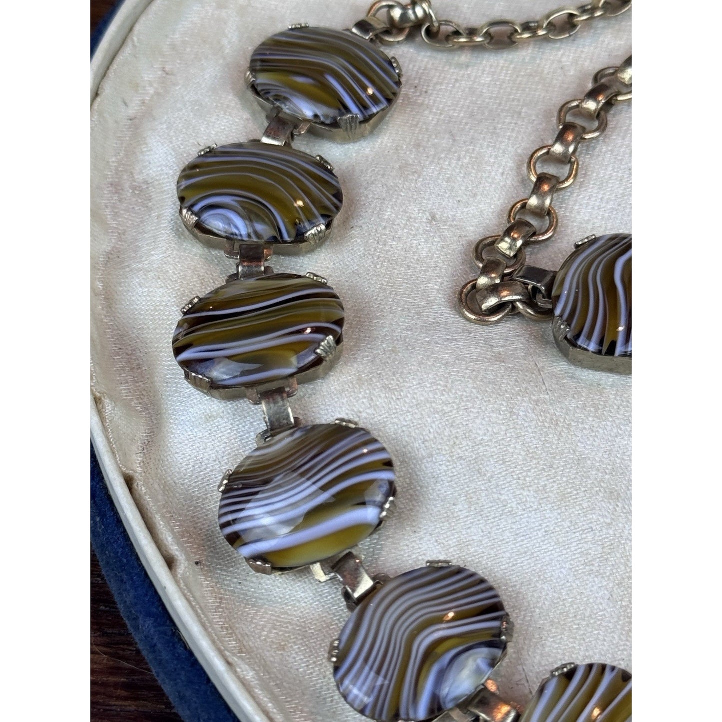 Vintage Goldtone Lucite Faux “Banded Agate” Necklace 16” Oval Panel Statement