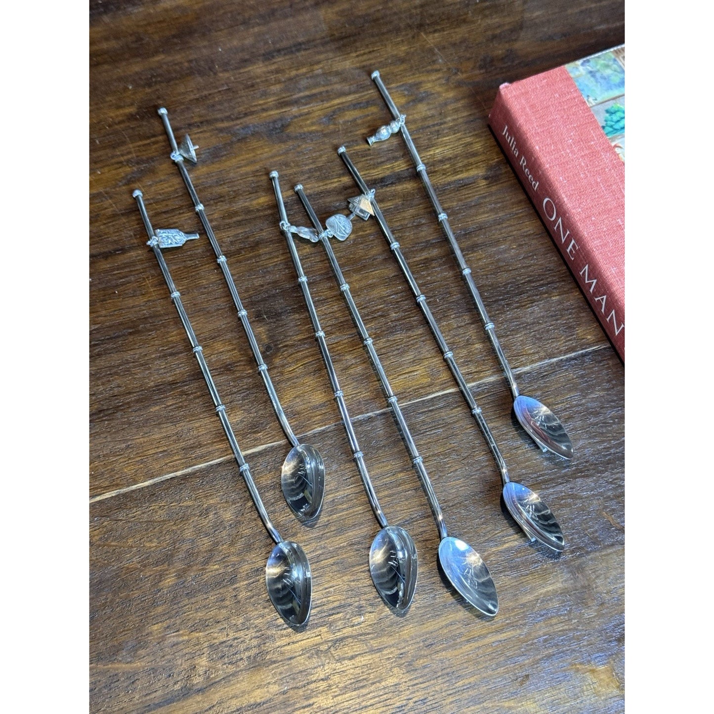 Silver Cocktail Straw Spoons 950 Sterling Bamboo Handle Asian Charms Set VINTAGE