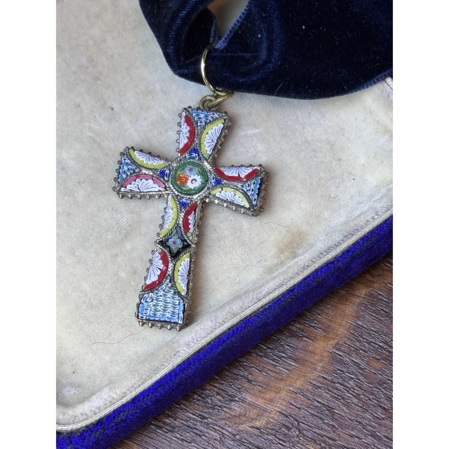 Antique Cross Italian Micro Mosaic Pendant Blue Velvet Ribbon Floral 1.5”
