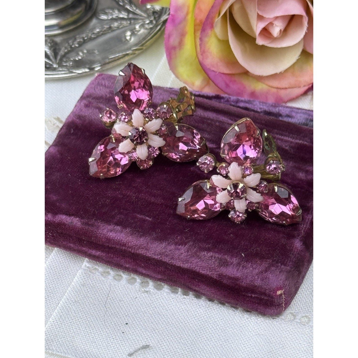 Vintage Earrings Pink Rhinestone & Molded Glass Floral Clip-On