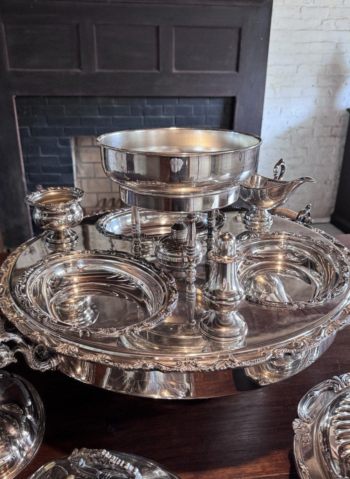 Silverplate Bain Marie Lazy Susan Server Chafing Dish 3 Covered Entree Set