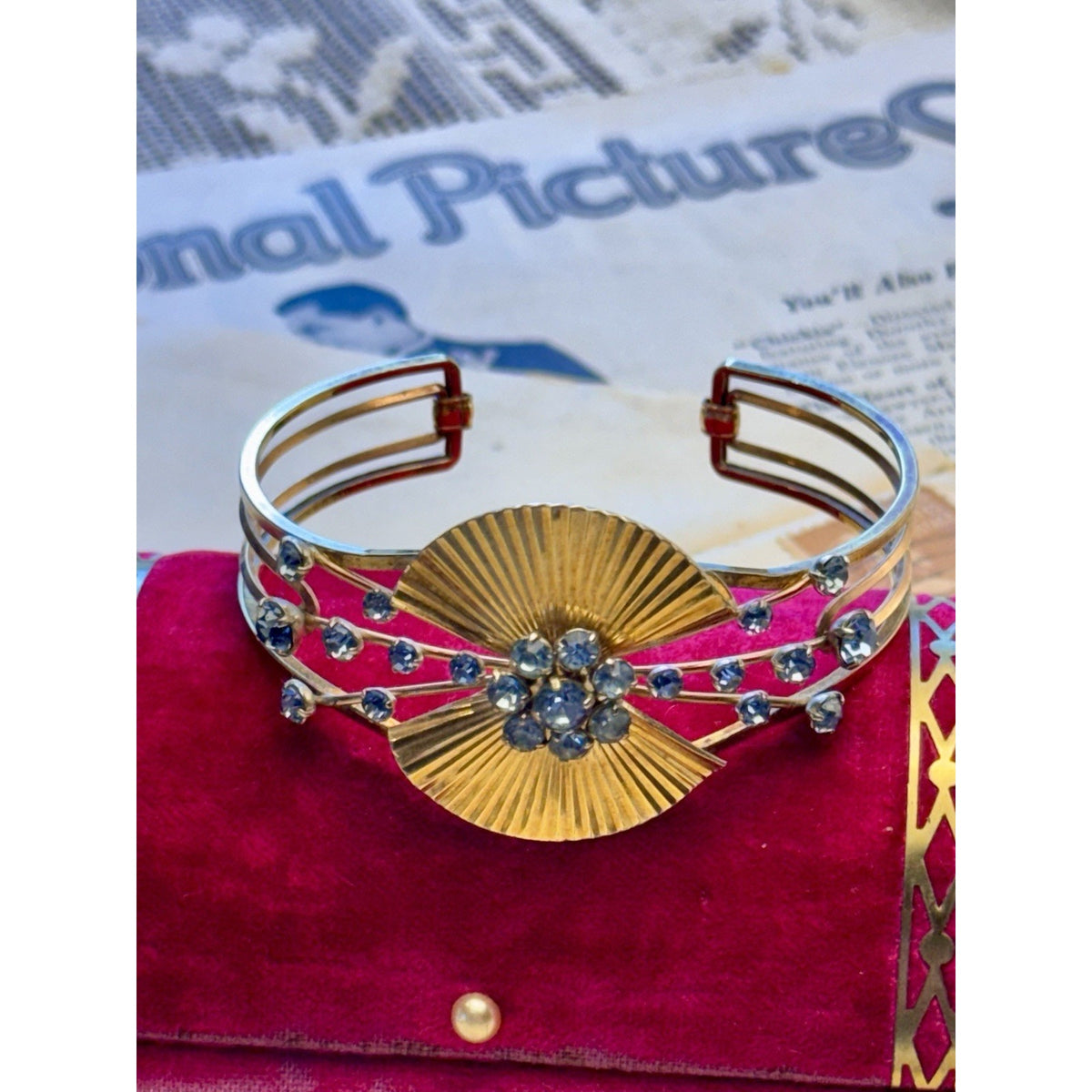 Krementz Cuff Bracelet Blue Rhinestone Goldtone Fan Mid Century Vintage 6.5”