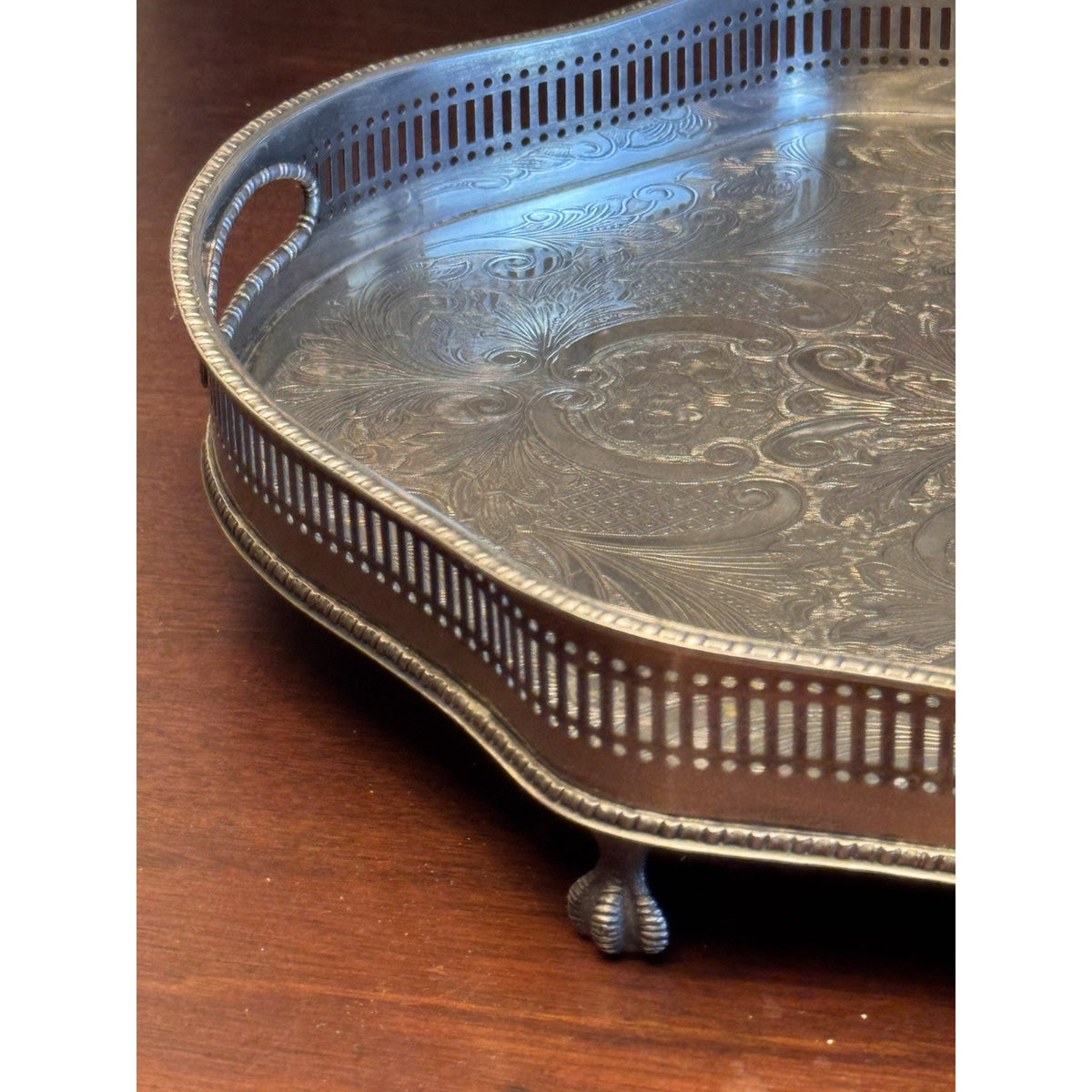 Silverplate Gallery Tray SHEFFIELD Serpentine Reticulated Chased Footed 18”
