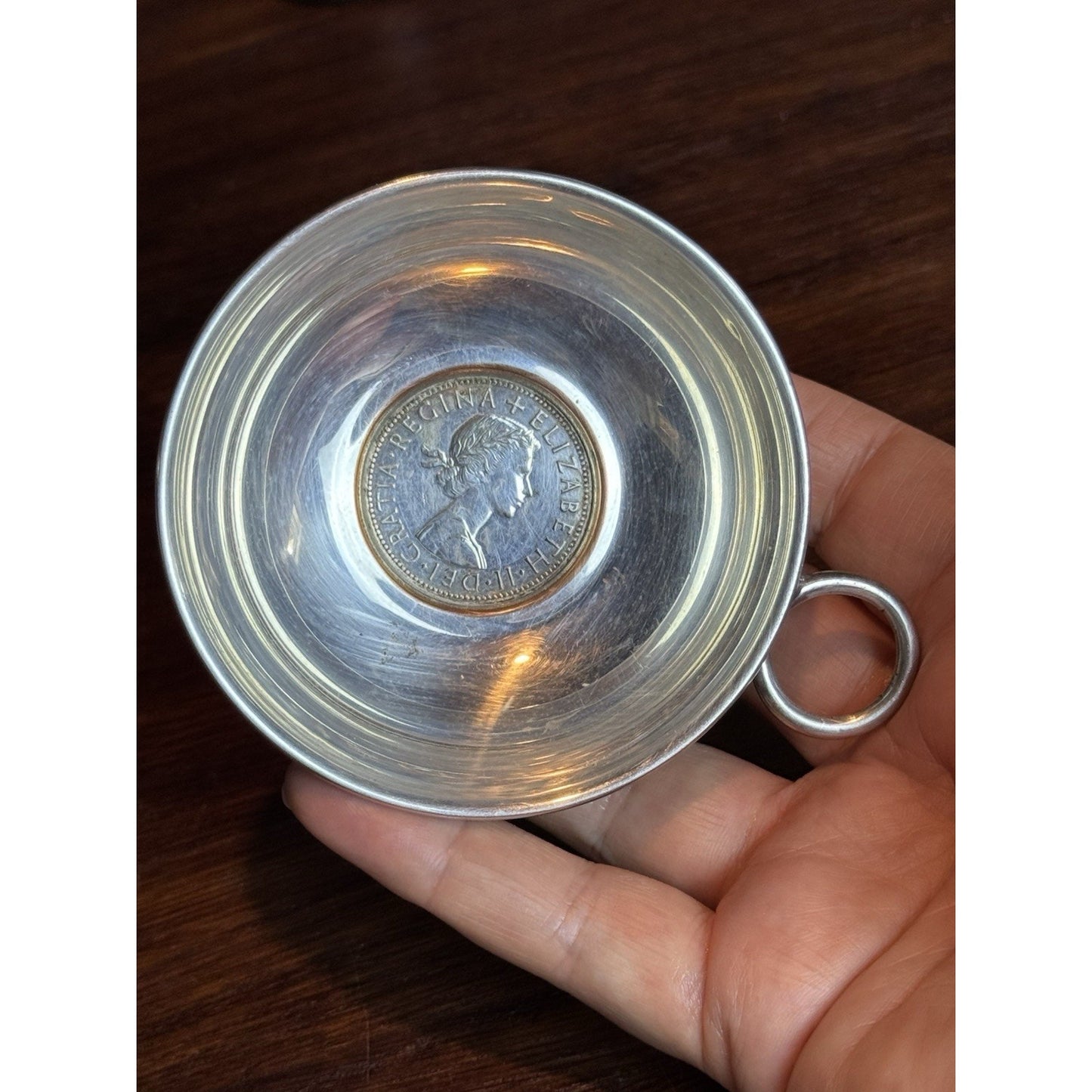 English Silverplate Wine Taster Tastevin 1957 Half Crown Coin Queen Elizabeth II